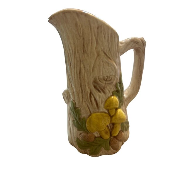 Vintage MCM Ceramic Tree Stump Trunk Pitcher Acorn Mushroom Design 7" tall 2 Cup